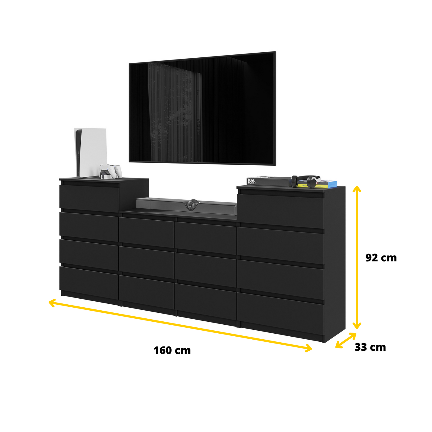 GABRIEL - Kommode / Sideboard mit 14 Schubladen (4+6+4) - Schwarz Matt