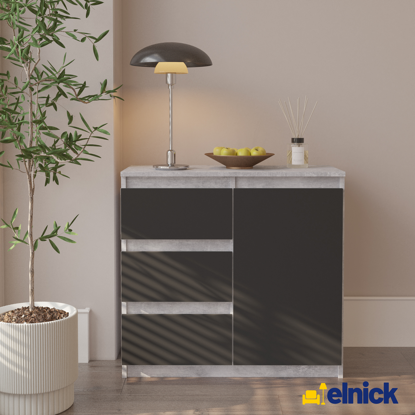 MIKEL - Kommode / Sideboard mit 3 Schubladen und 1 Tür - Beton-Optik / Anthrazit Grau