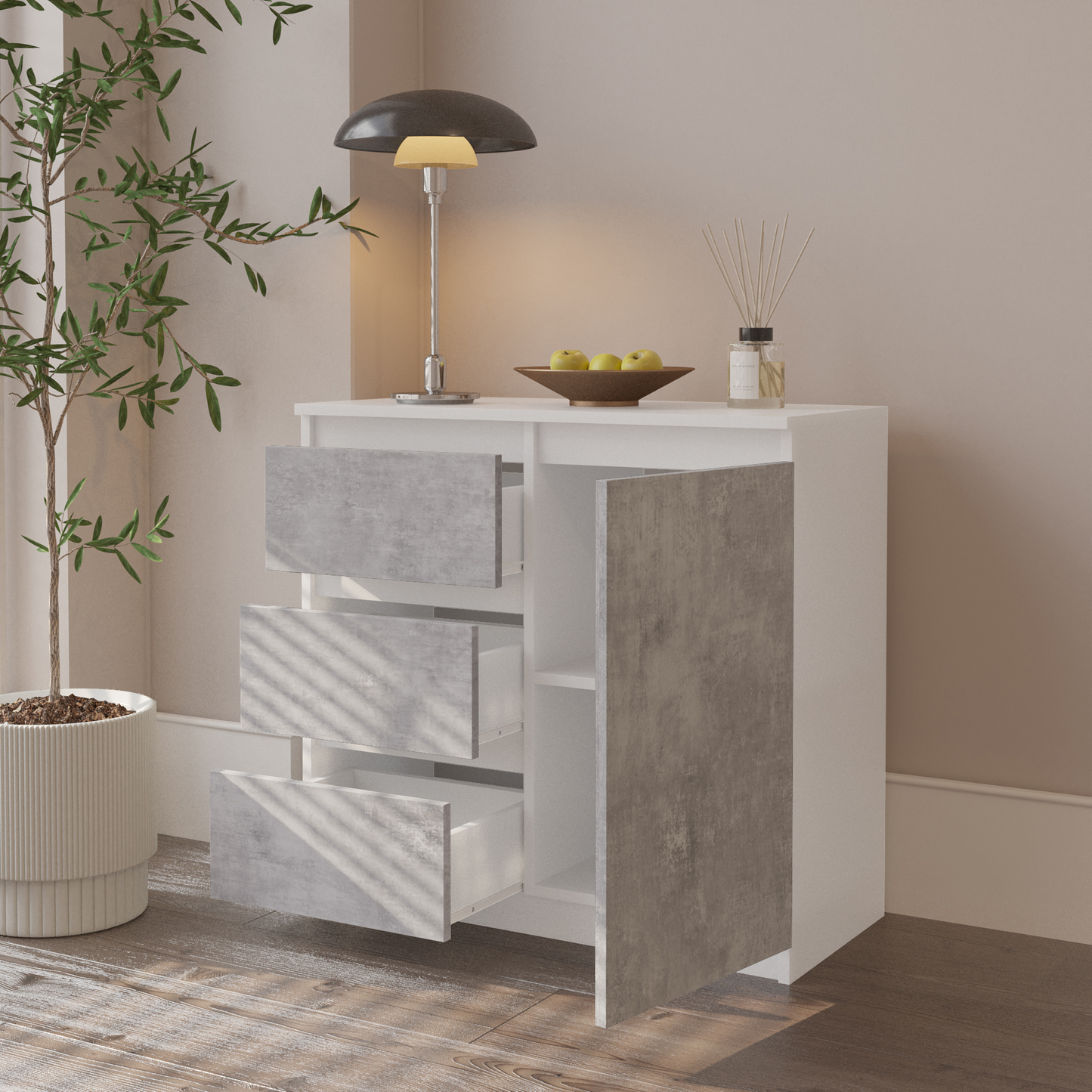 MIKEL - Kommode / Sideboard mit 3 Schubladen und 1 Tür - Weiß Matt / Beton-Optik