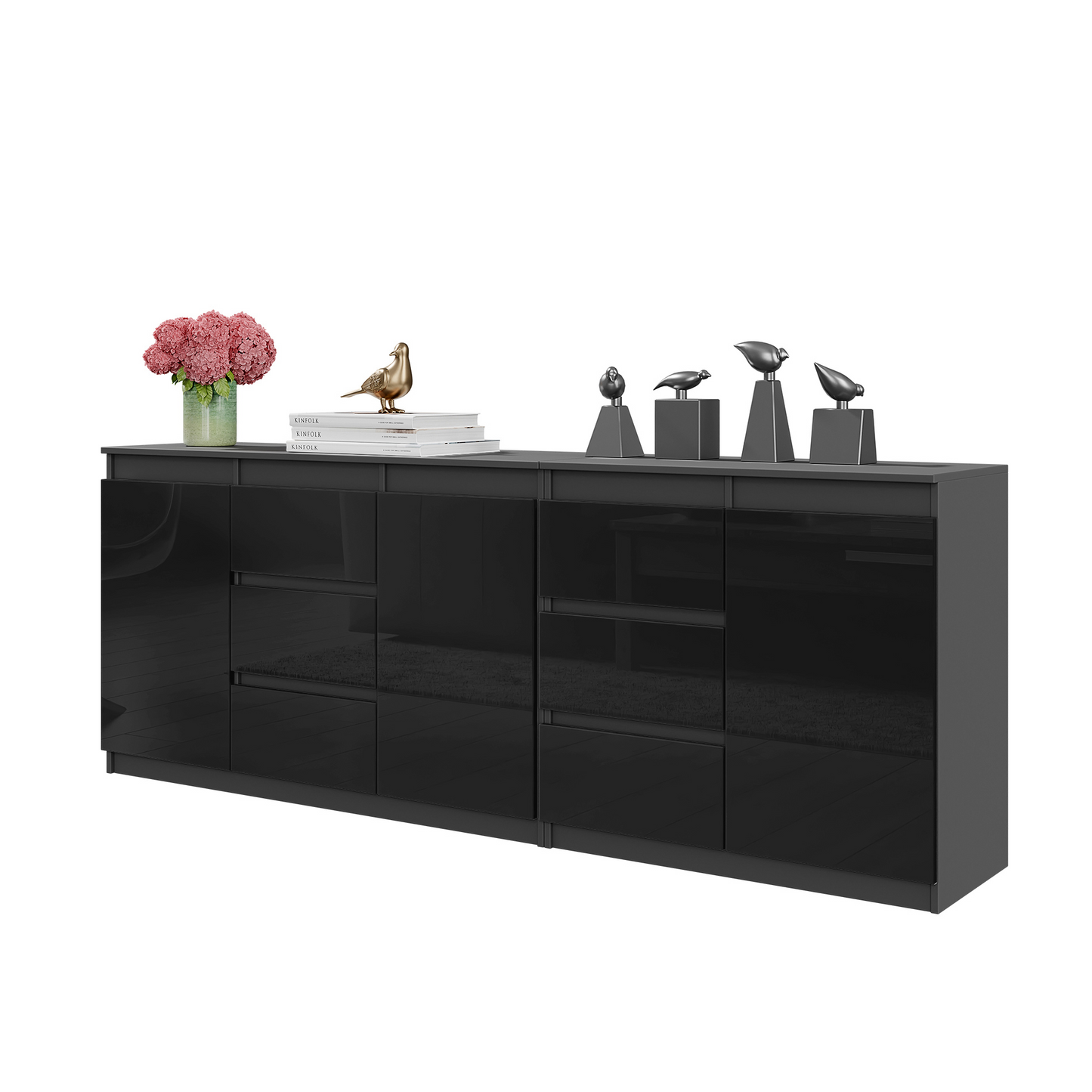 MIKEL - Kommode / Sideboard mit 6 Schubladen und 3 Türen - Anthrazit Grau / Schwarz Gloss