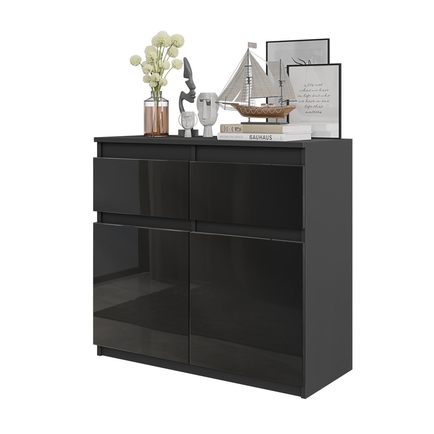 NOAH - Kommode / Sideboard mit 2 Schubladen und 2 Türen - Anthrazit Grau / Schwarz Gloss