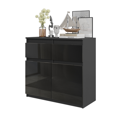 NOAH - Kommode / Sideboard mit 2 Schubladen und 2 Türen - Anthrazit Grau / Schwarz Gloss