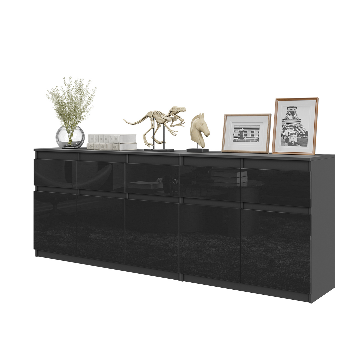 NOAH - Kommode / Sideboard mit 5 Schubladen und 5 Türen - Anthrazit Grau / Schwarz Gloss