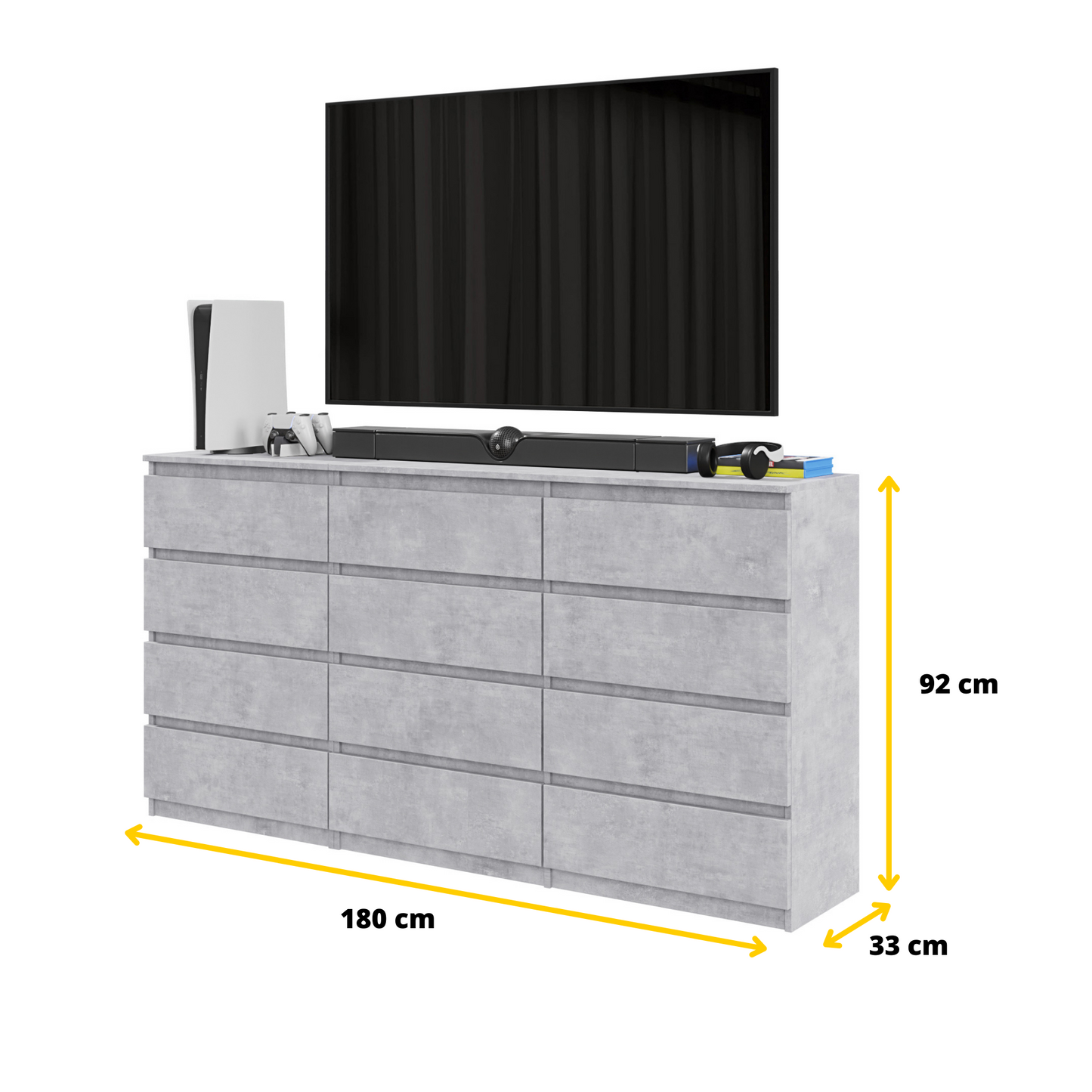 GABRIEL - Kommode / Sideboard mit 12 Schubladen (8+4) - Beton-Optik