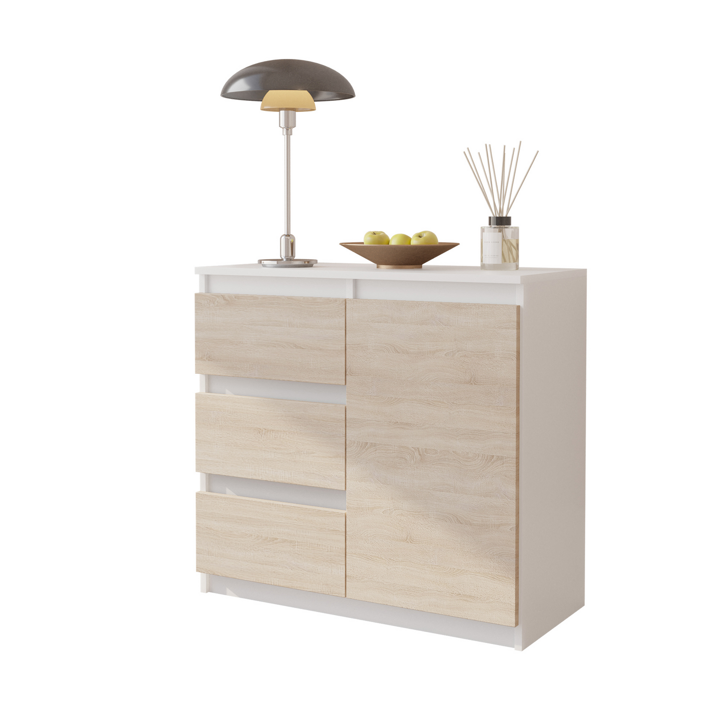 MIKEL - Kommode / Sideboard mit 3 Schubladen und 1 Tür - Weiß Matt / Sonoma Eiche