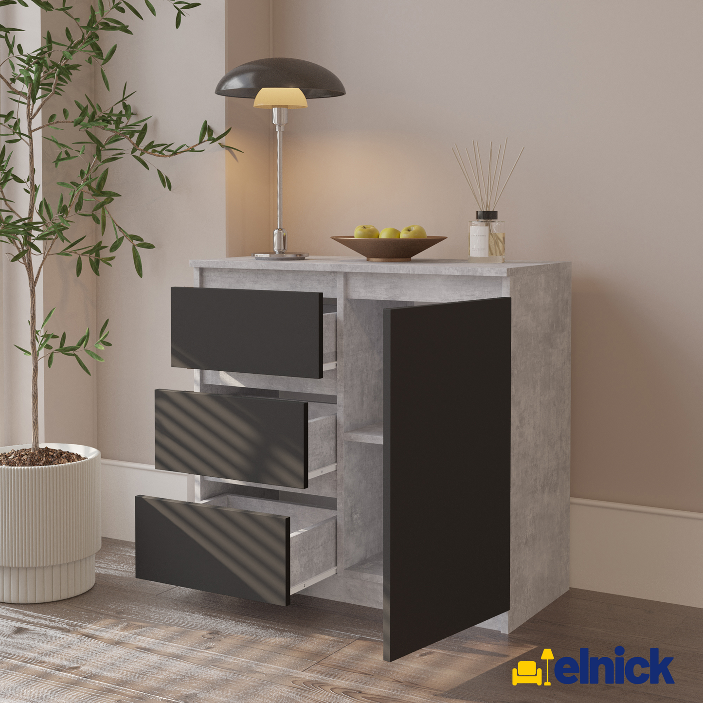 MIKEL - Kommode / Sideboard mit 3 Schubladen und 1 Tür - Beton-Optik / Anthrazit Grau
