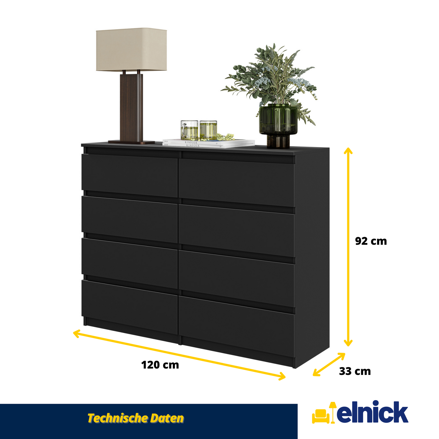 GABRIEL - Kommode / Sideboard mit 8 Schubladen - Schwarz Matt