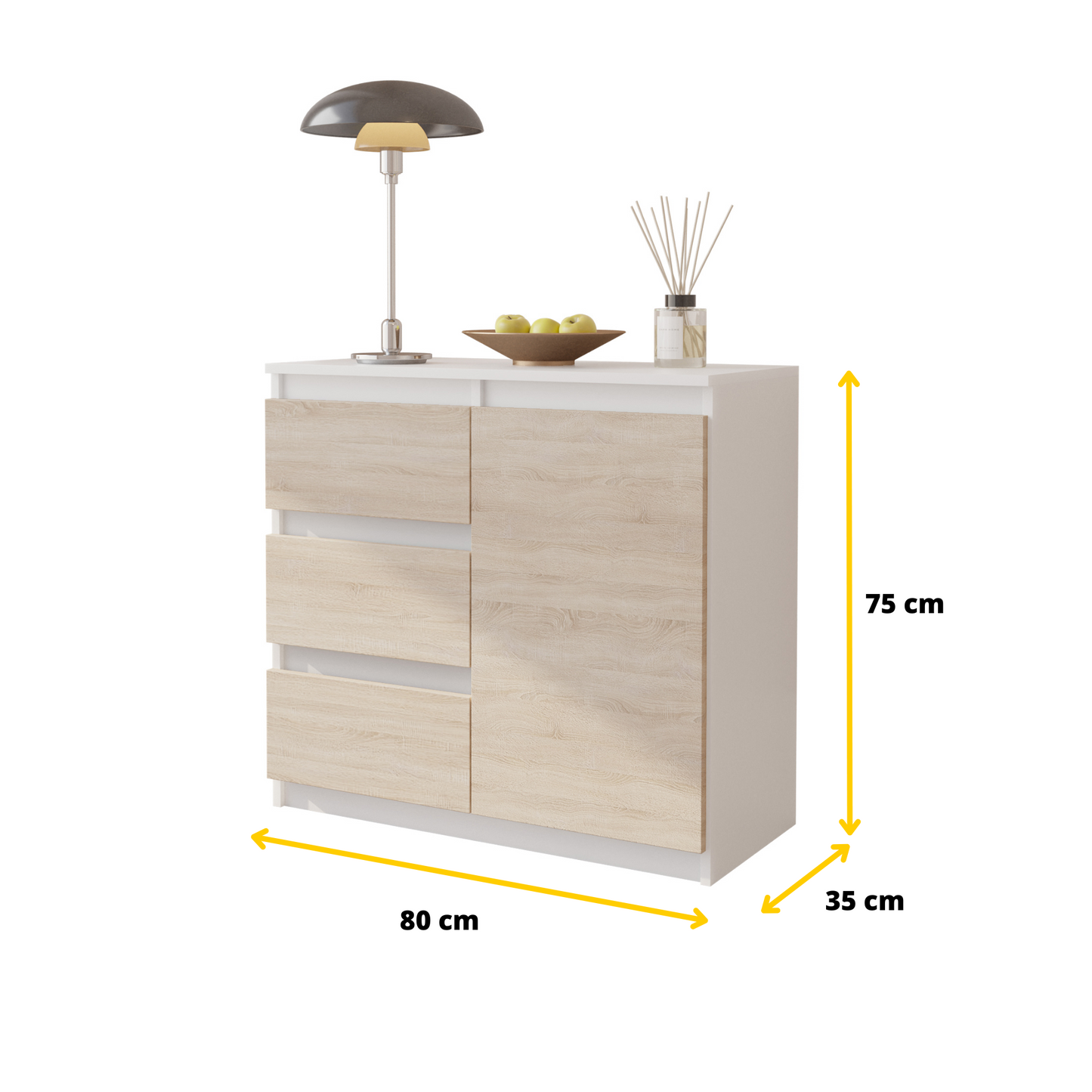 MIKEL - Kommode / Sideboard mit 3 Schubladen und 1 Tür - Weiß Matt / Sonoma Eiche