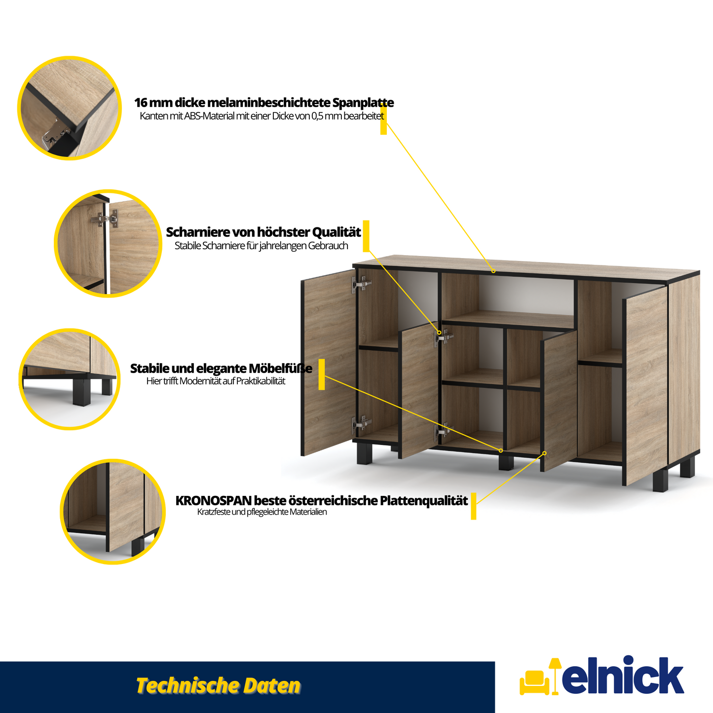 CALVIN – TV-Schrank mit 4 Türen – Wohnzimmer Sideboard - Sonoma Eiche