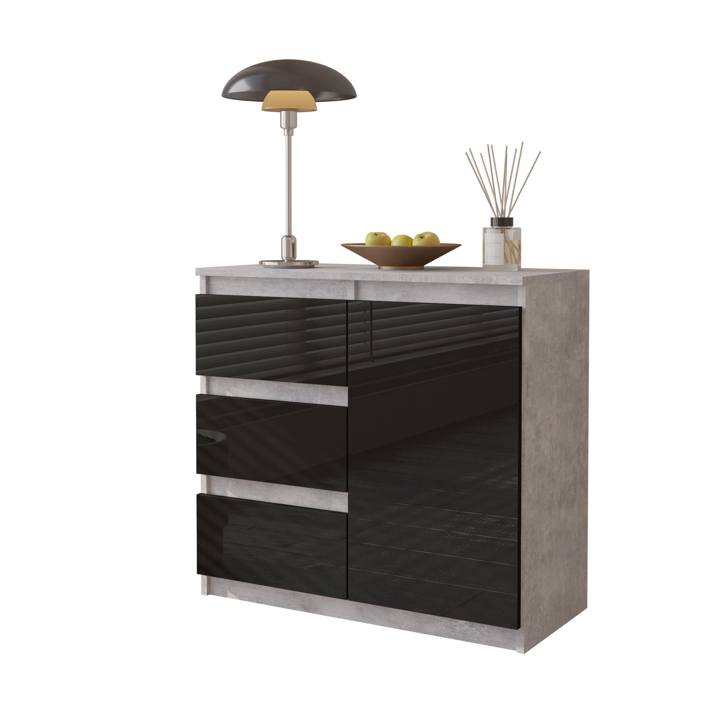 MIKEL - Kommode / Sideboard mit 3 Schubladen und 1 Tür - Beton-Optik / Schwarz Gloss