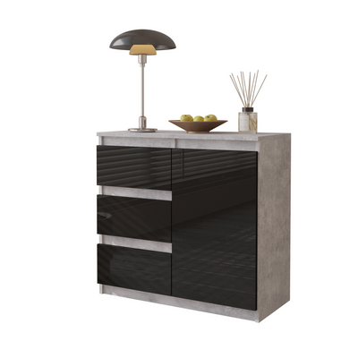 MIKEL - Kommode / Sideboard mit 3 Schubladen und 1 Tür - Beton-Optik / Schwarz Gloss