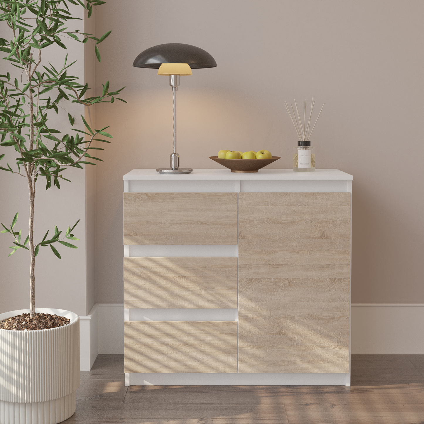 MIKEL - Kommode / Sideboard mit 3 Schubladen und 1 Tür - Weiß Matt / Sonoma Eiche