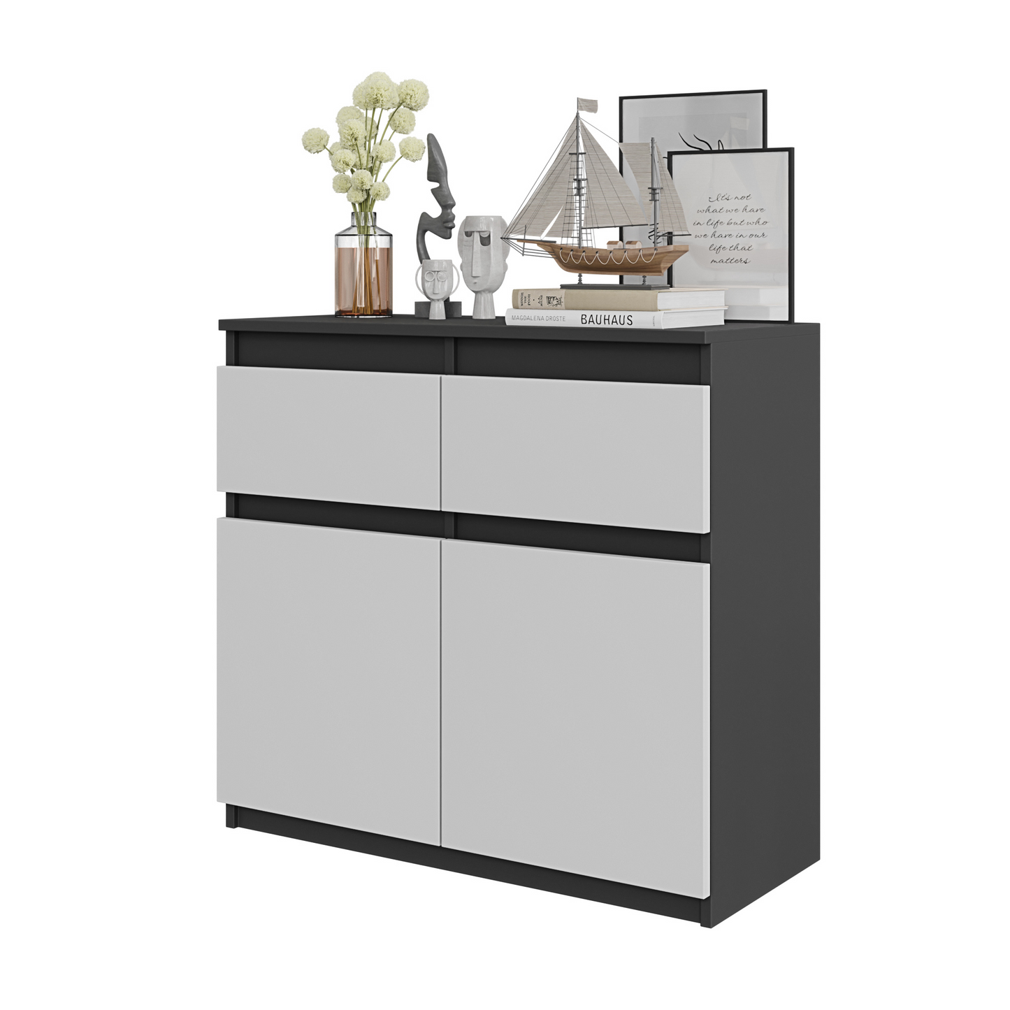 NOAH - Kommode / Sideboard mit 2 Schubladen und 2 Türen - Anthrazit Grau / Weiß Matt