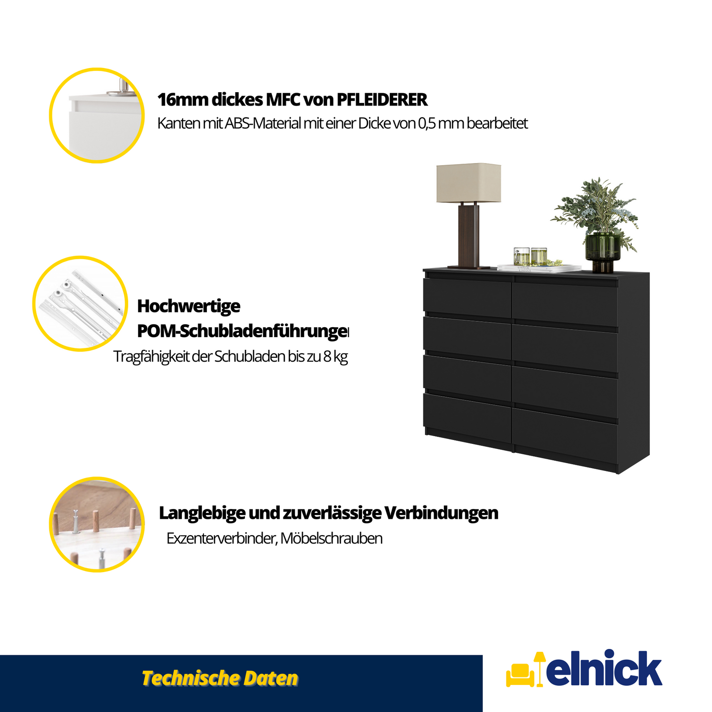 GABRIEL - Kommode / Sideboard mit 8 Schubladen - Schwarz Matt