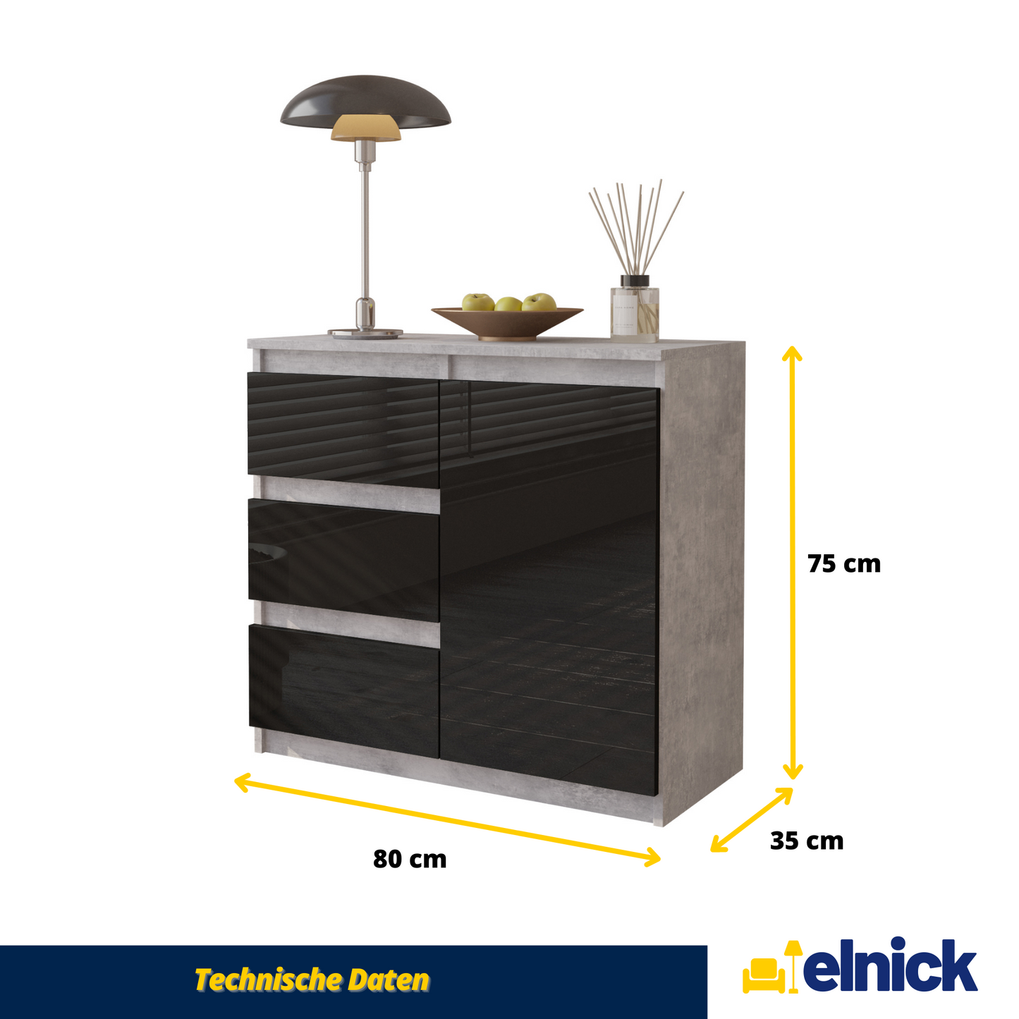 MIKEL - Kommode / Sideboard mit 3 Schubladen und 1 Tür - Beton-Optik / Schwarz Gloss