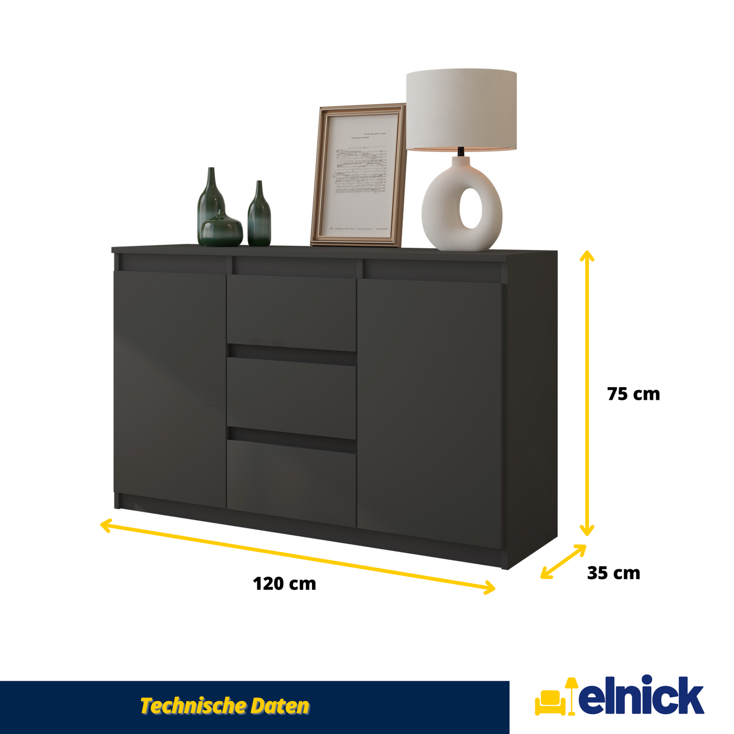 MIKEL - Kommode / Sideboard mit 3 Schubladen und 2 Türen - Anthrazit Grau