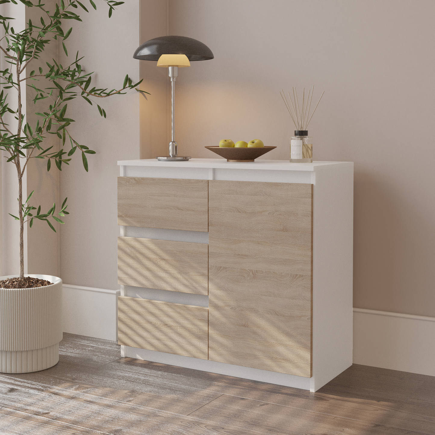 MIKEL - Kommode / Sideboard mit 3 Schubladen und 1 Tür - Weiß Matt / Sonoma Eiche