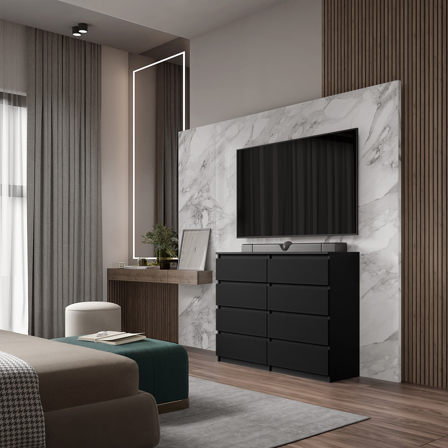 GABRIEL - Kommode / Sideboard mit 8 Schubladen - Schwarz Matt
