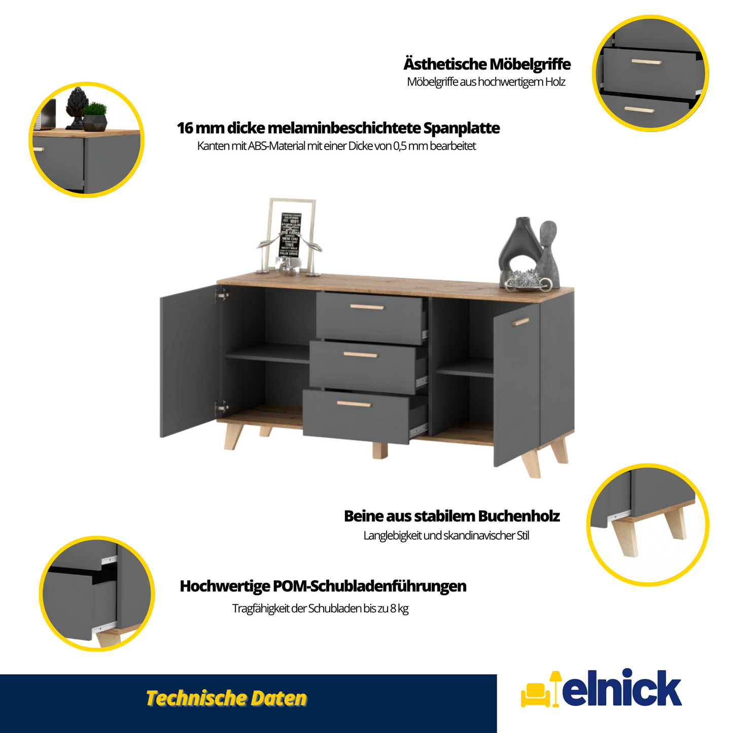 INGRID - Skandinavisch Kommode / Sideboard mit 3 Schubladen, 2 Türen - Anthrazit Grau / Wotan Eiche
