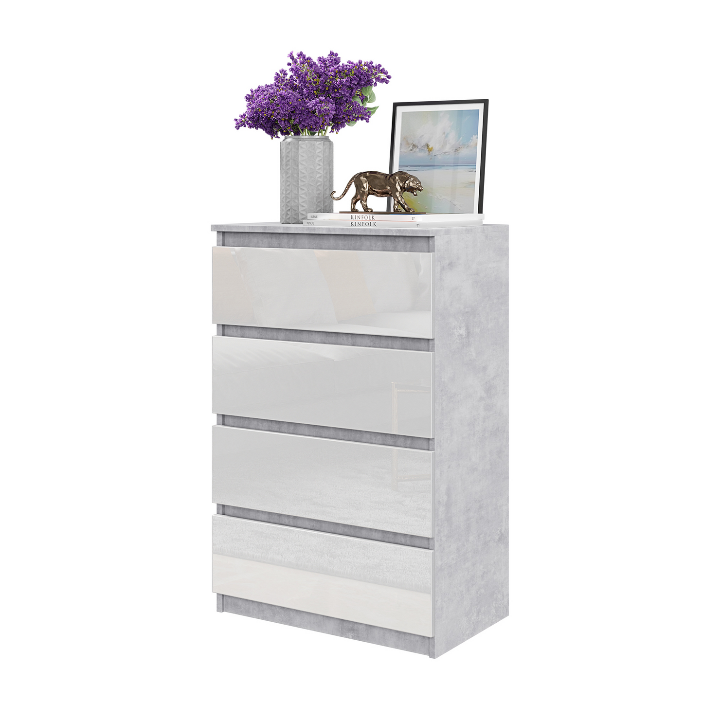 GABRIEL - Kommode / Sideboard mit 4 Schubladen - Beton-Optik / Weiß Gloss