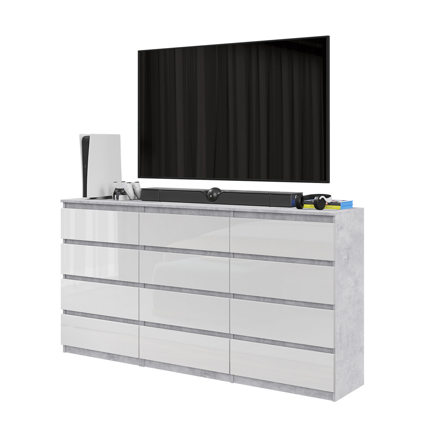 GABRIEL - Kommode / Sideboard mit 12 Schubladen (8+4) - Beton-Optik /Weiß Gloss