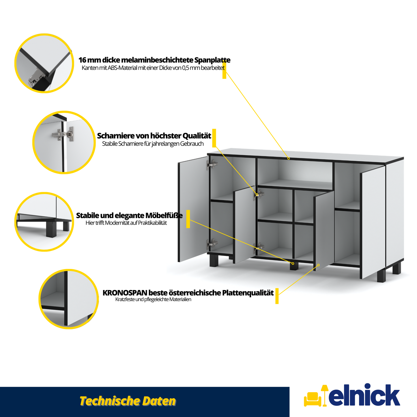 CALVIN – TV-Schrank mit 4 Türen – Wohnzimmer Sideboard - Weiß Matt