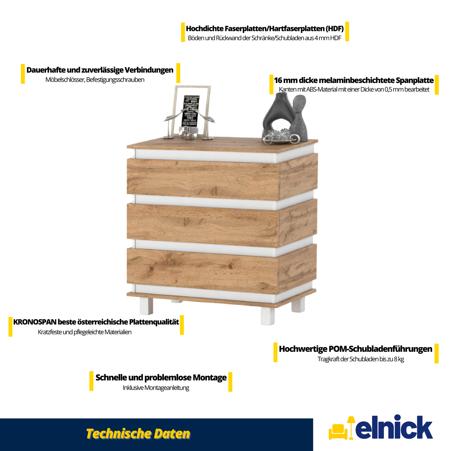 MARGARET - Kommode / Sideboard mit 3 Schubladen - Weiß Matt / Wotan Eiche