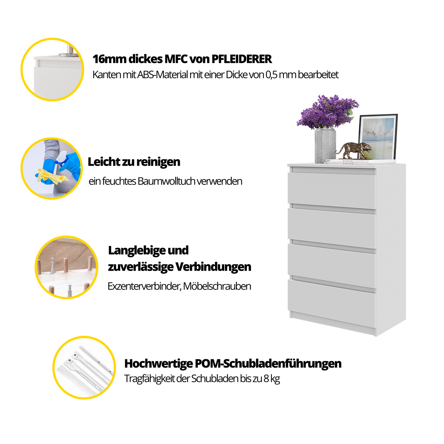 GABRIEL - Kommode / Sideboard mit 4 Schubladen - Beton-Optik / Weiß Gloss