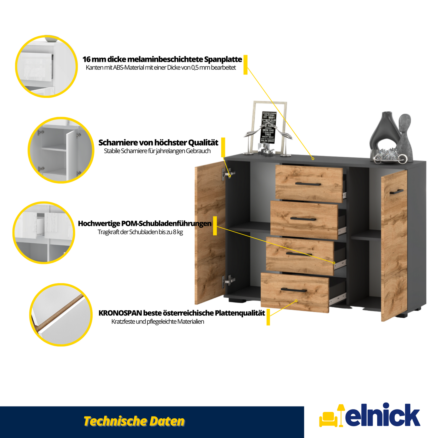 MARK - Kommode / Sideboard mit 4 Schubladen und 2 Türen - Anthrazit Grau / Weiß Matt