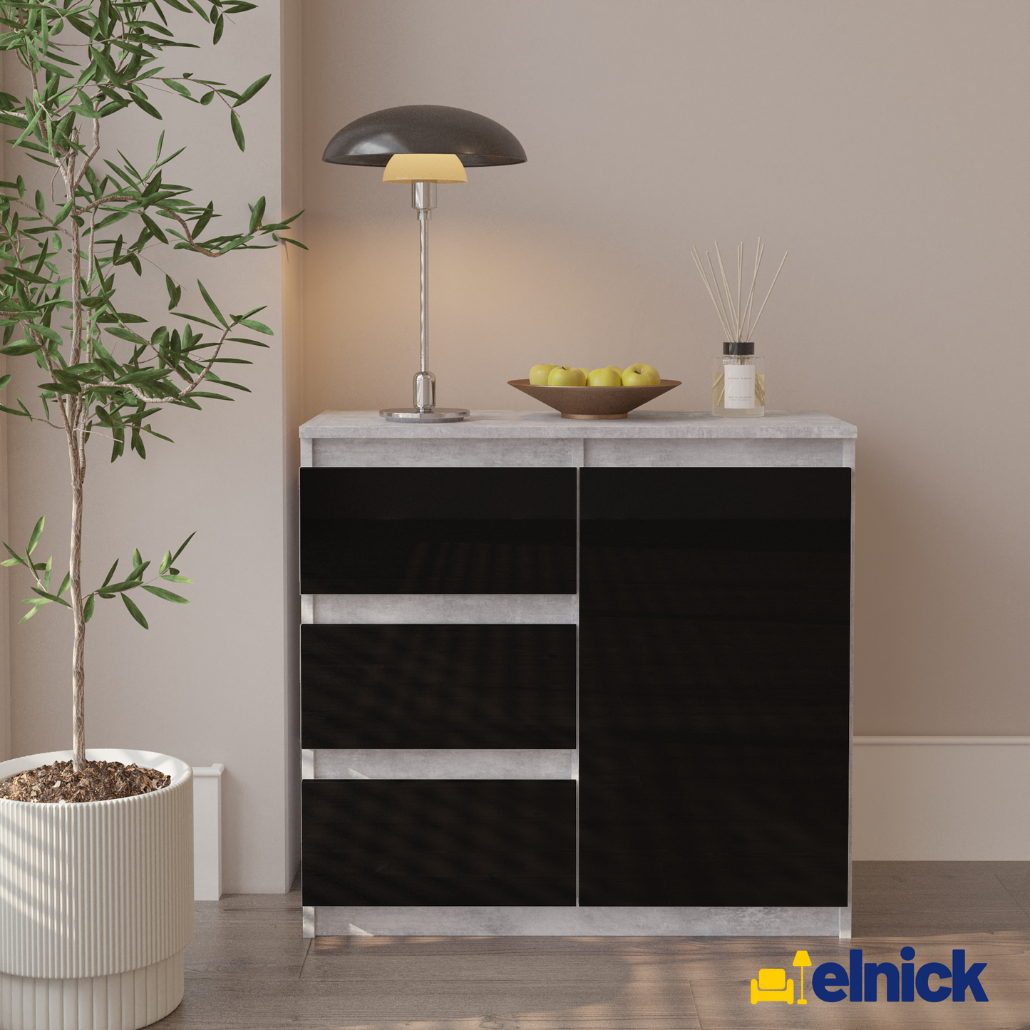 MIKEL - Kommode / Sideboard mit 3 Schubladen und 1 Tür - Beton-Optik / Schwarz Gloss