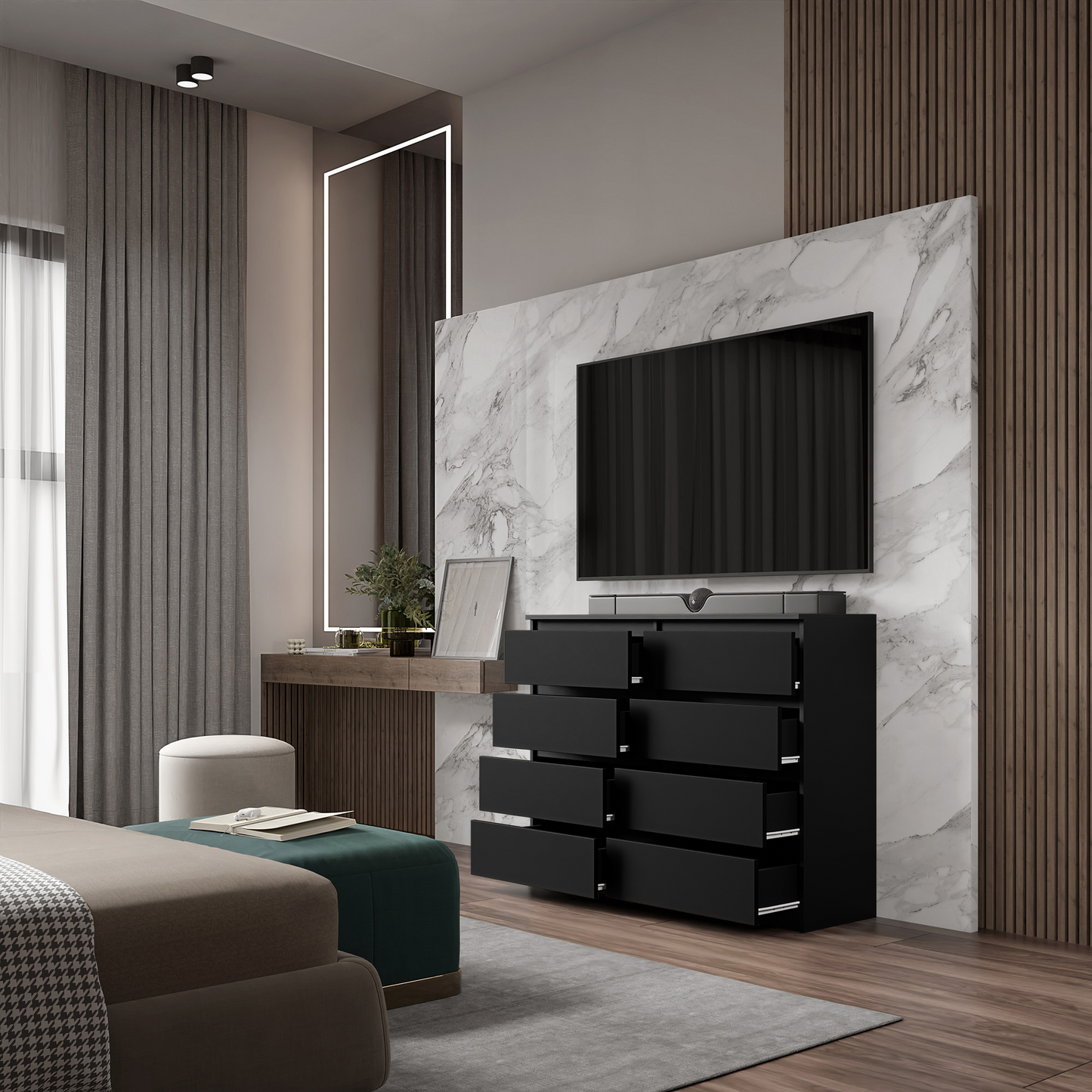 GABRIEL - Kommode / Sideboard mit 8 Schubladen - Schwarz Matt