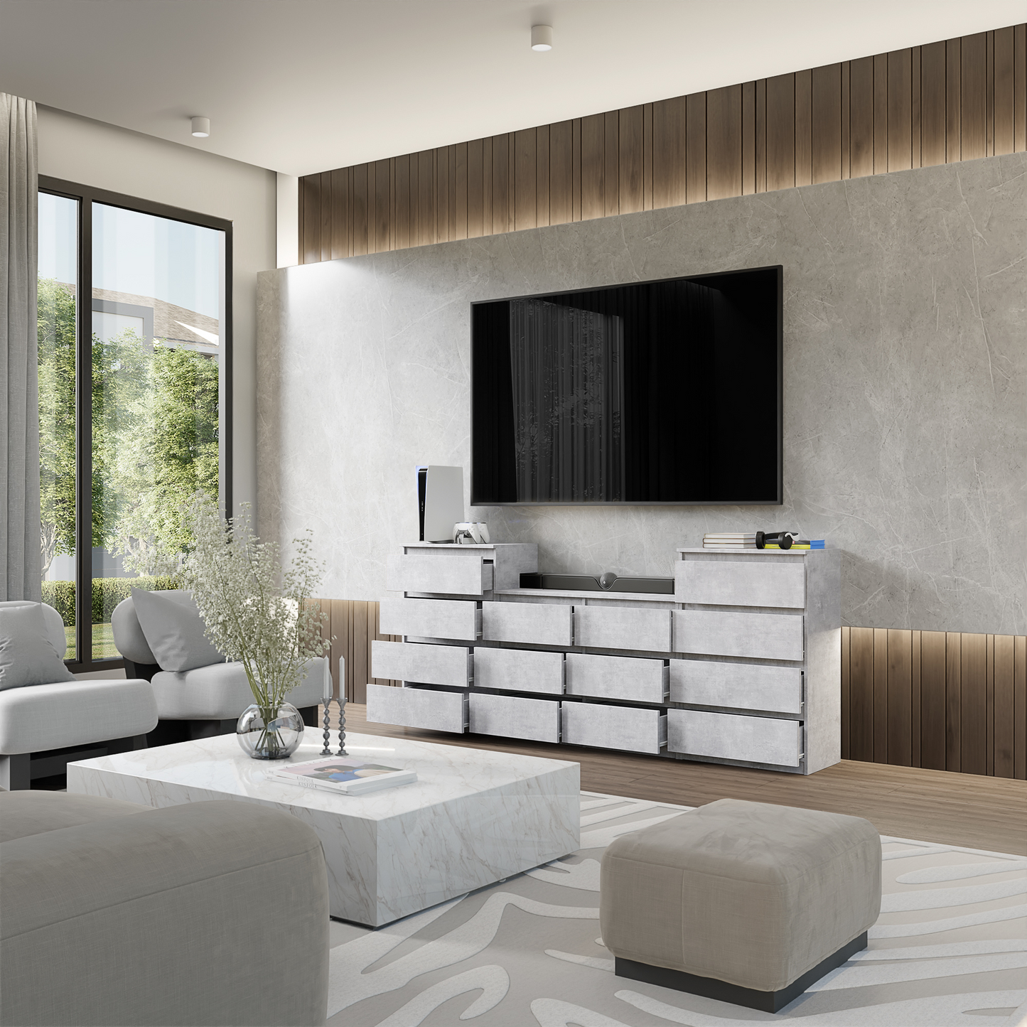 GABRIEL - Kommode / Sideboard mit 14 Schubladen (4+6+4) - Beton-Optik