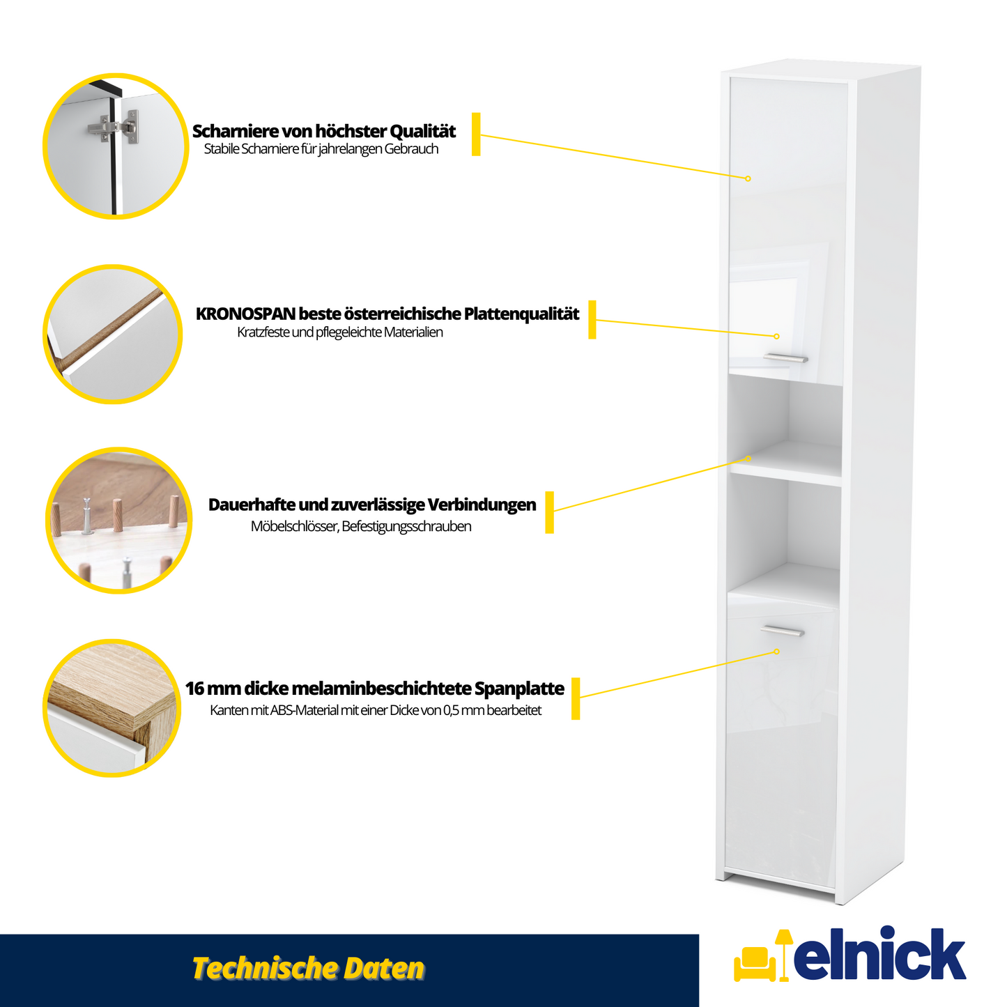 EMMA Badezimmerschrank mit Türen und Einlegeböden - Weiß Matt / Weiß Gloss