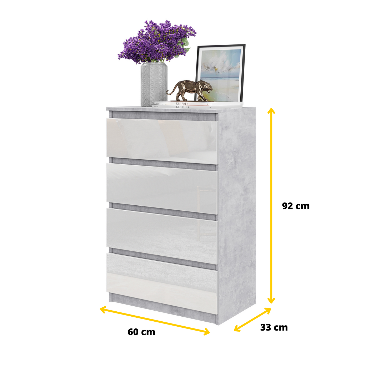 GABRIEL - Kommode / Sideboard mit 4 Schubladen - Beton-Optik / Weiß Gloss