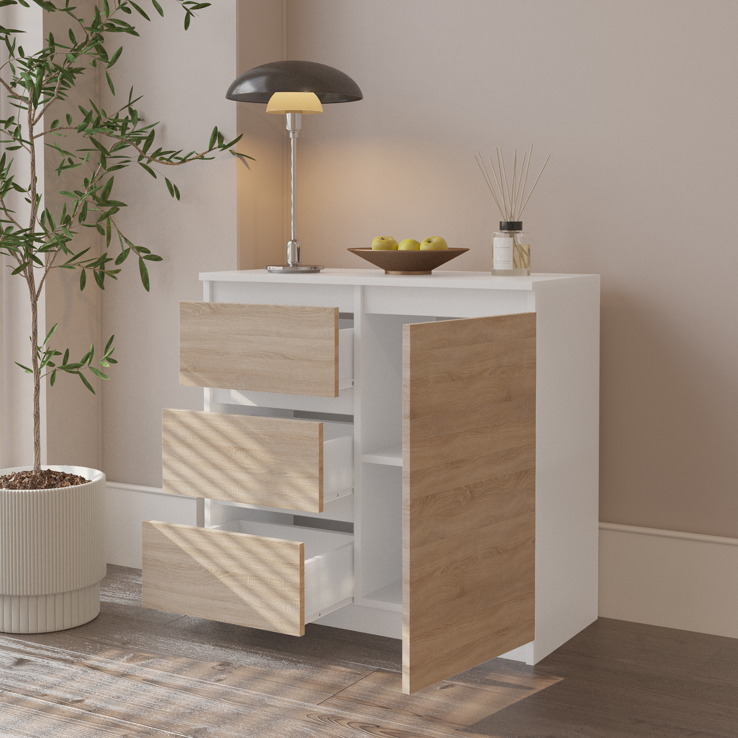 MIKEL - Kommode / Sideboard mit 3 Schubladen und 1 Tür - Weiß Matt / Sonoma Eiche