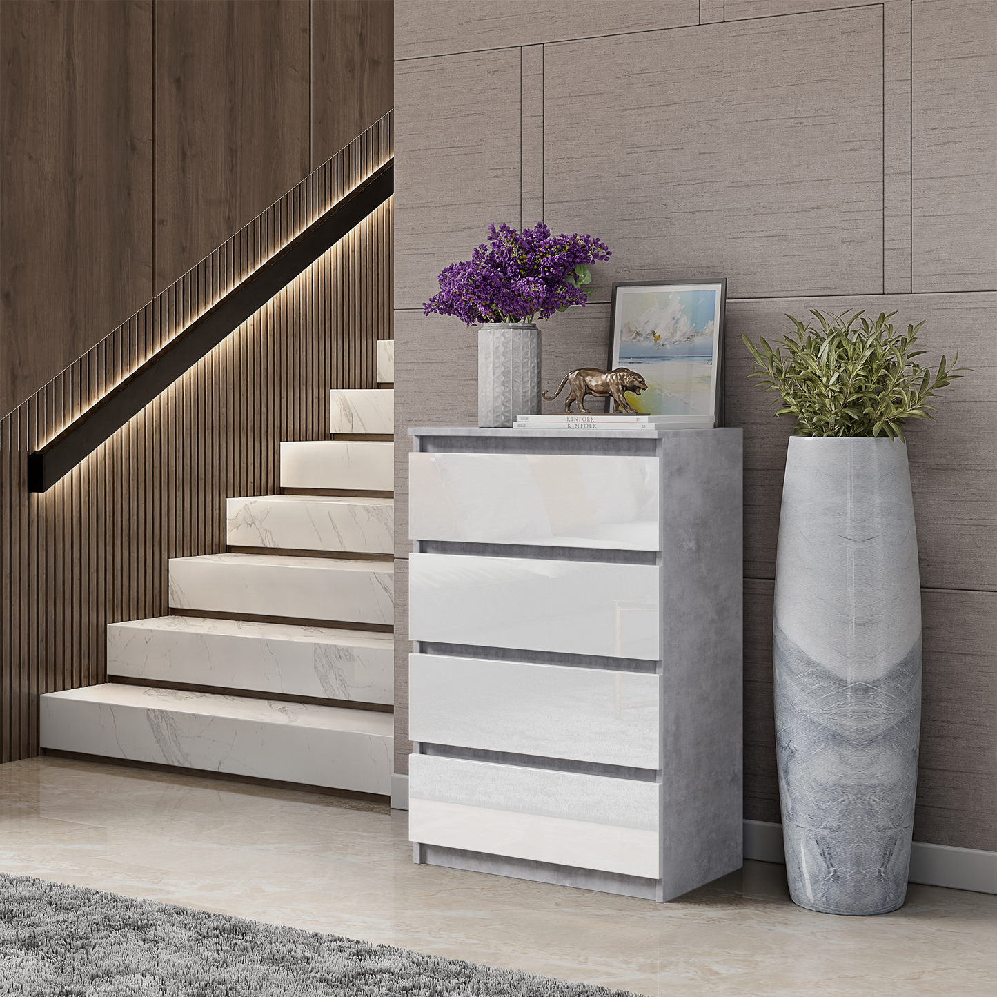 GABRIEL - Kommode / Sideboard mit 4 Schubladen - Beton-Optik / Weiß Gloss