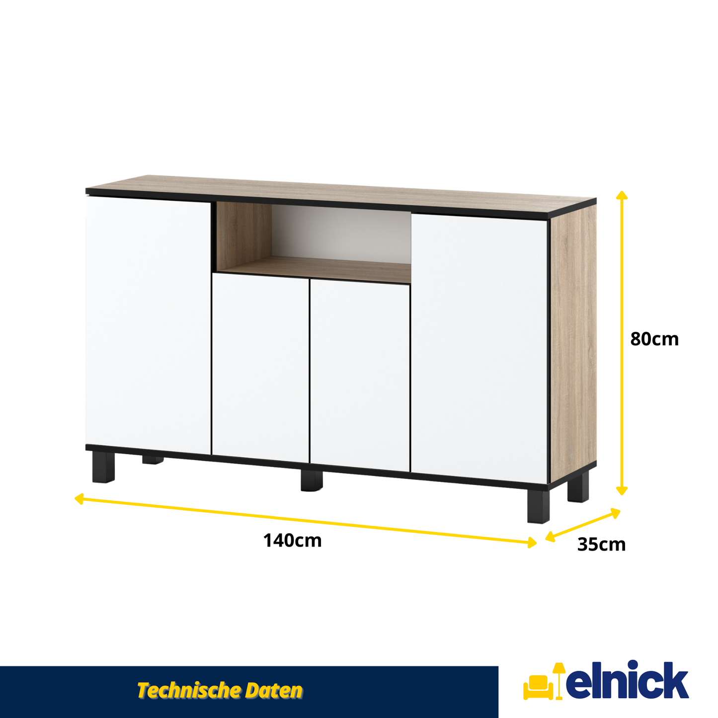 CALVIN – TV-Schrank mit 4 Türen – Wohnzimmer Sideboard - Sonoma Eiche / Weiß Matt