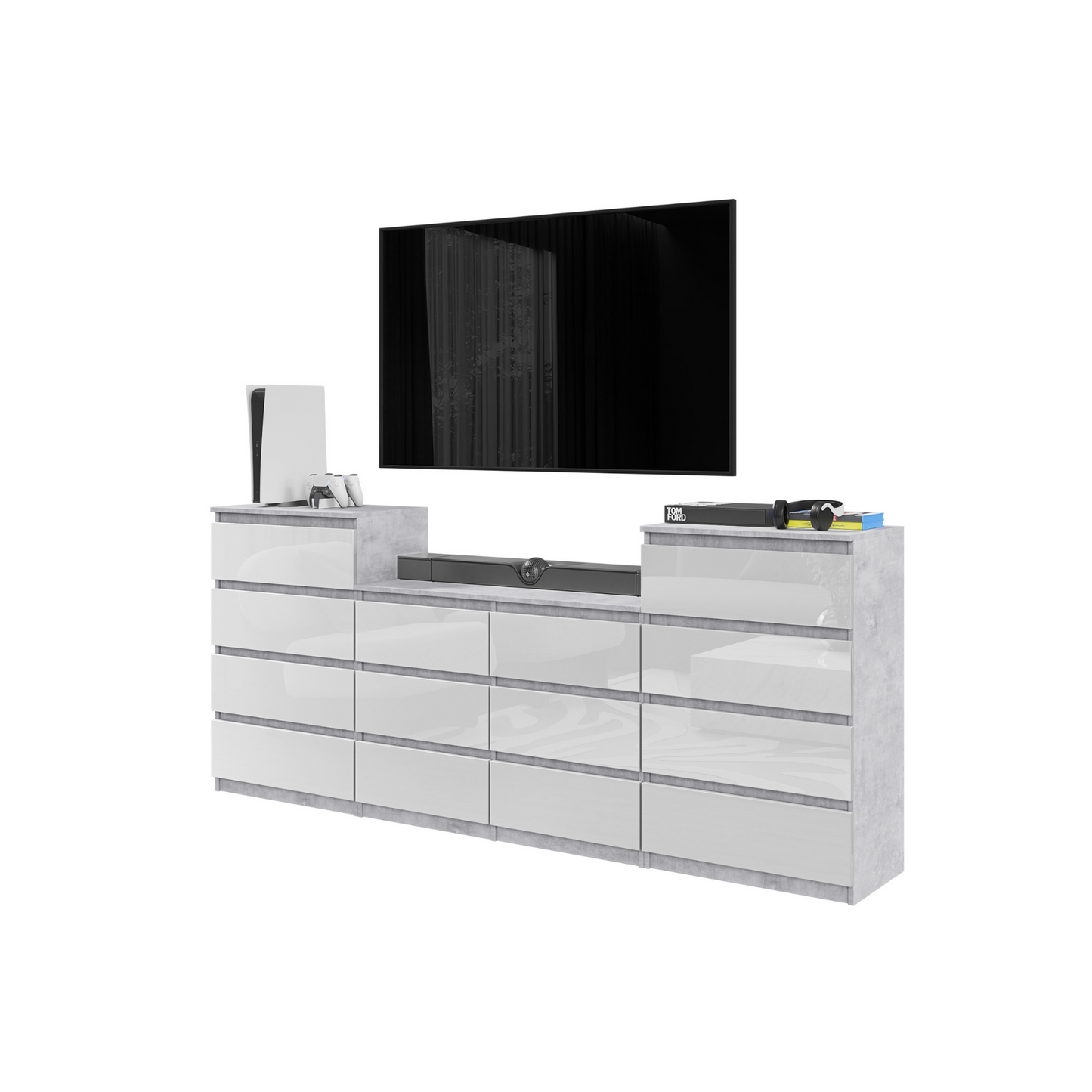 GABRIEL - Kommode / Sideboard mit 14 Schubladen (4+6+4) - Beton-Optik / Weiß Gloss