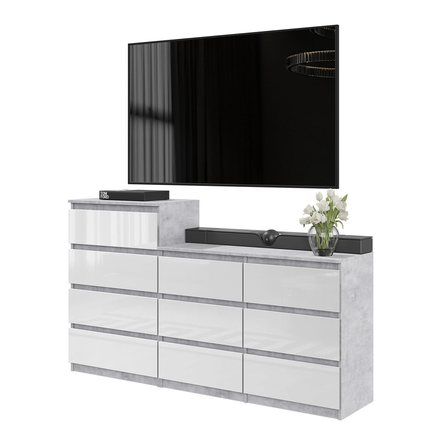 GABRIEL - Kommode / Sideboard mit 10 Schubladen (6+4) - Beton-Optik / Weiß Gloss