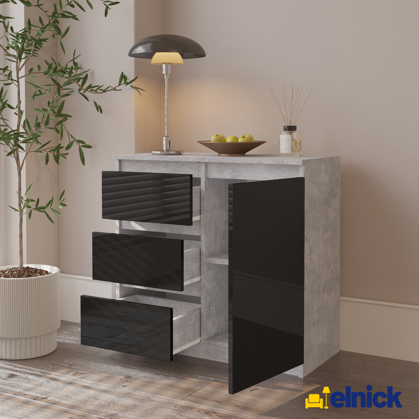 MIKEL - Kommode / Sideboard mit 3 Schubladen und 1 Tür - Beton-Optik / Schwarz Gloss