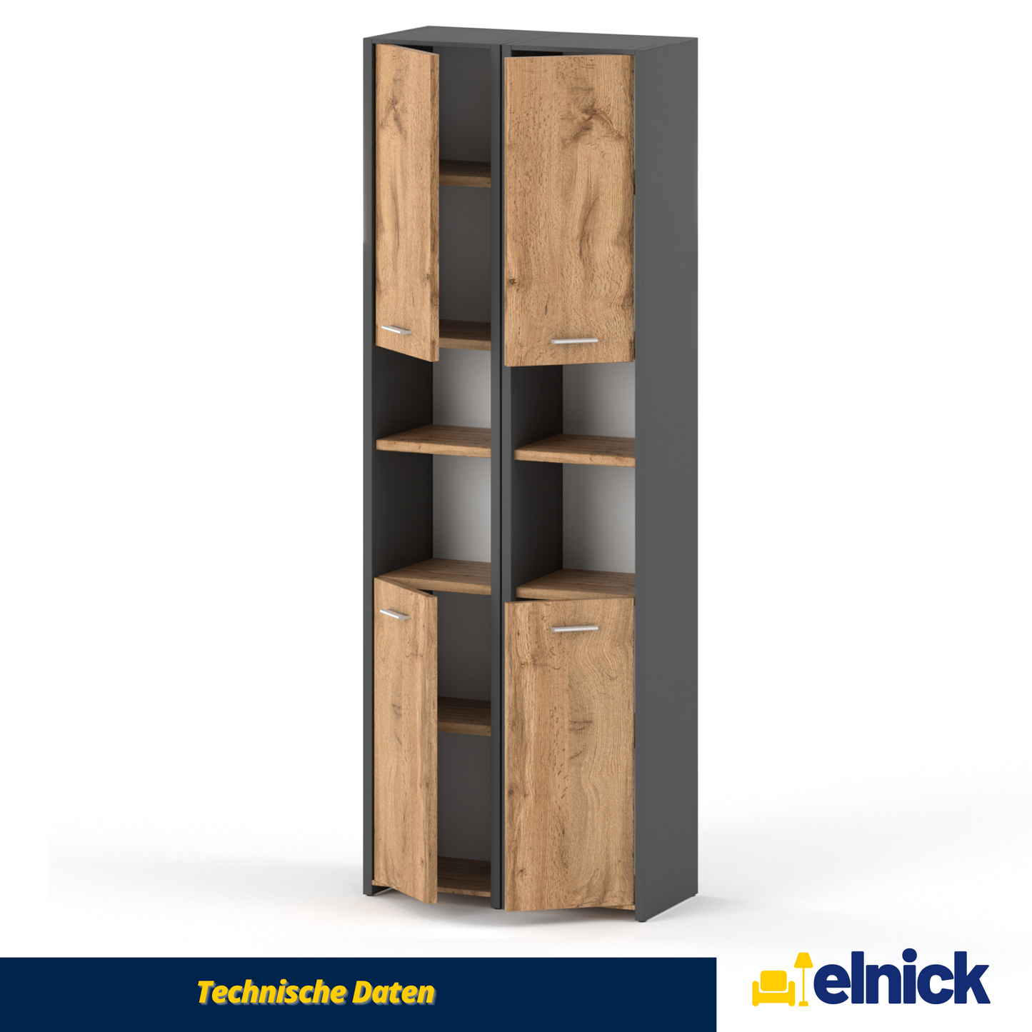 EMMA - Badezimmerschrank Doppelschrank mit Türen und Einlegeböden - Anthrazit / Eiche Wotan
