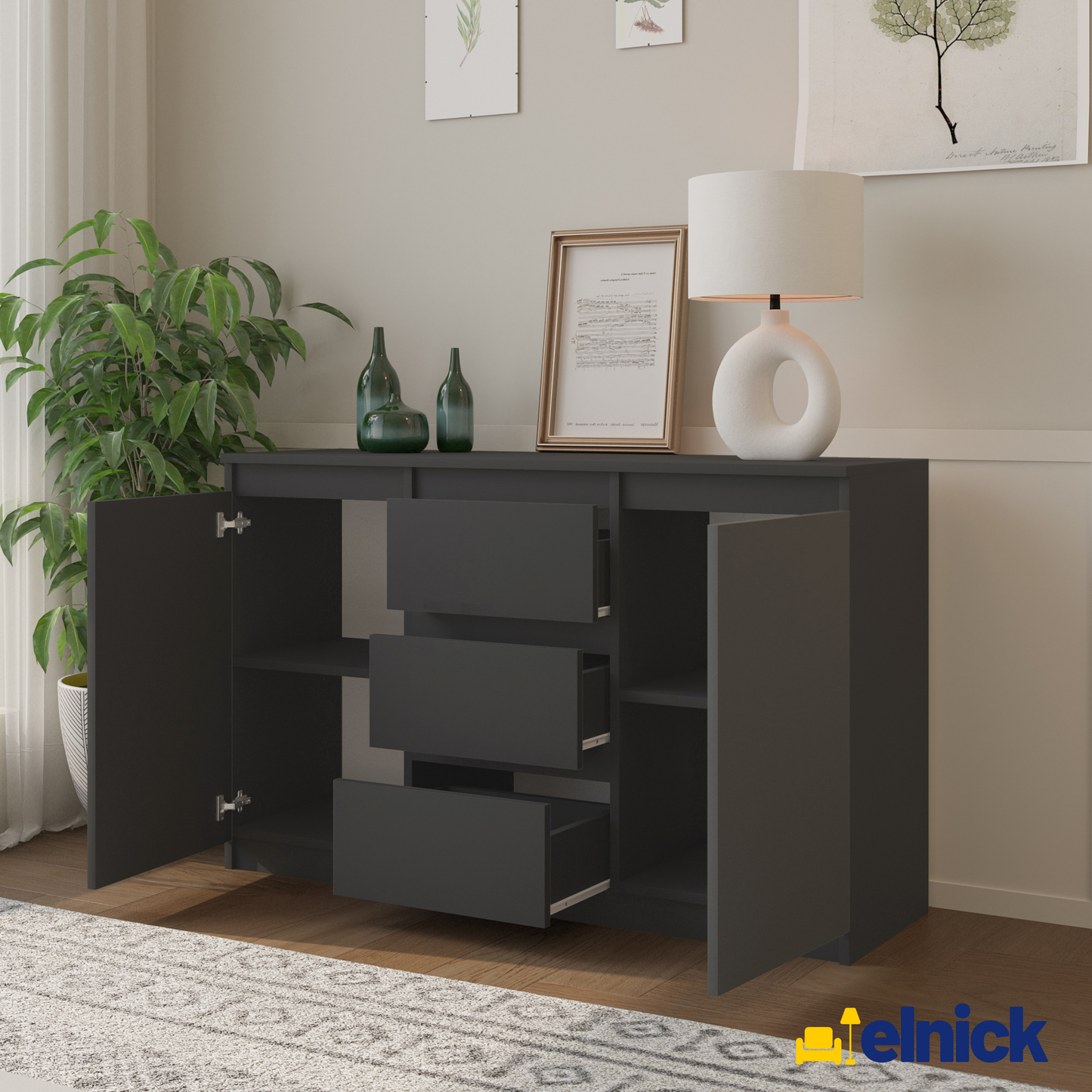 MIKEL - Kommode / Sideboard mit 3 Schubladen und 2 Türen - Anthrazit Grau