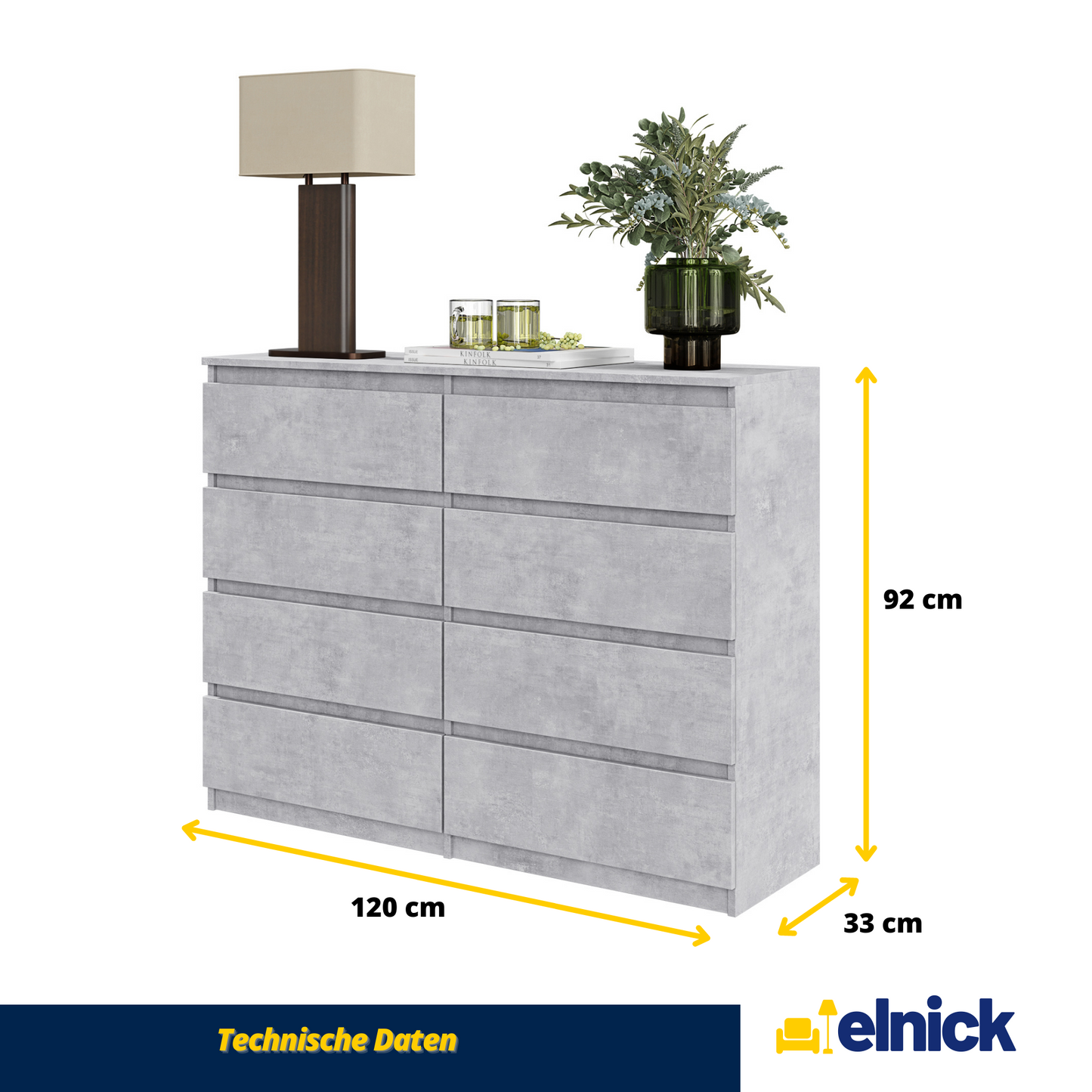 GABRIEL - Kommode / Sideboard mit 8 Schubladen - Beton-Optik