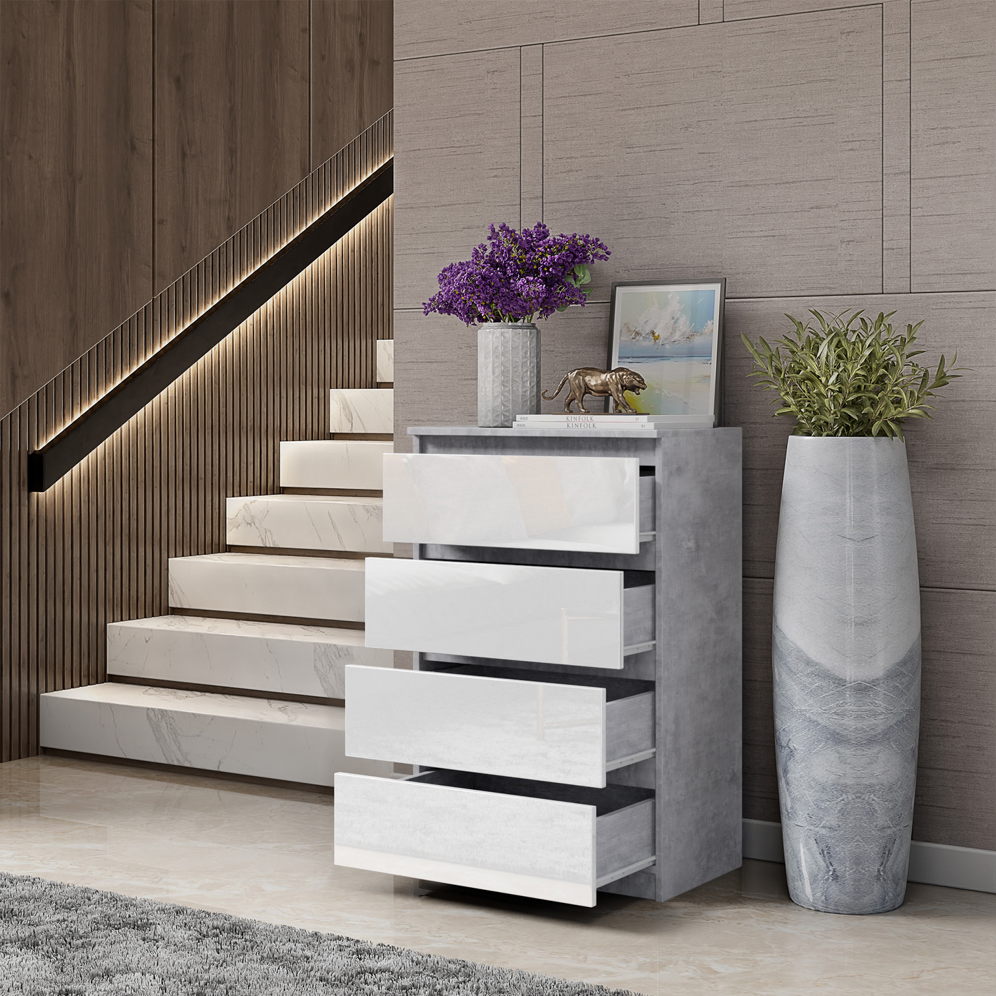 GABRIEL - Kommode / Sideboard mit 4 Schubladen - Beton-Optik / Weiß Gloss