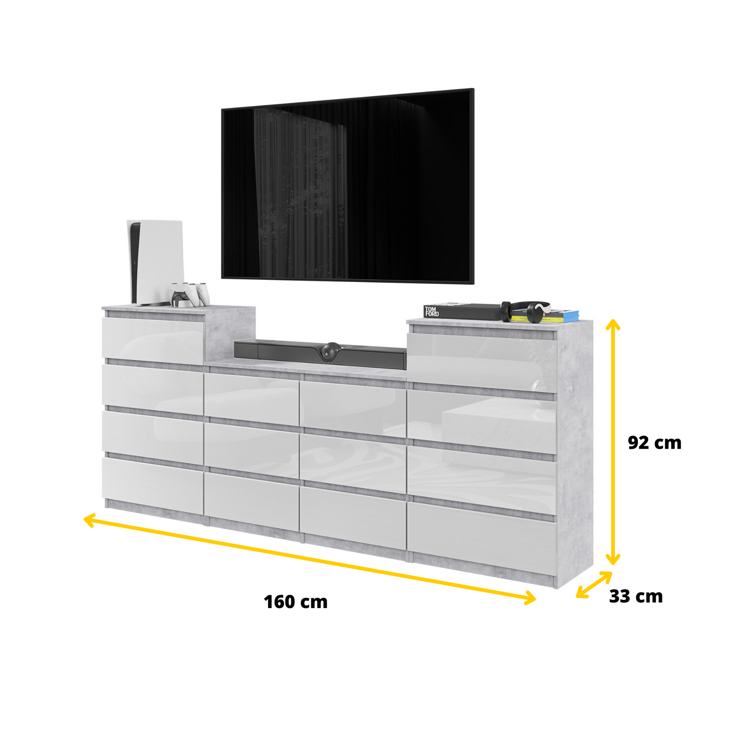 GABRIEL - Kommode / Sideboard mit 14 Schubladen (4+6+4) - Beton-Optik / Weiß Gloss