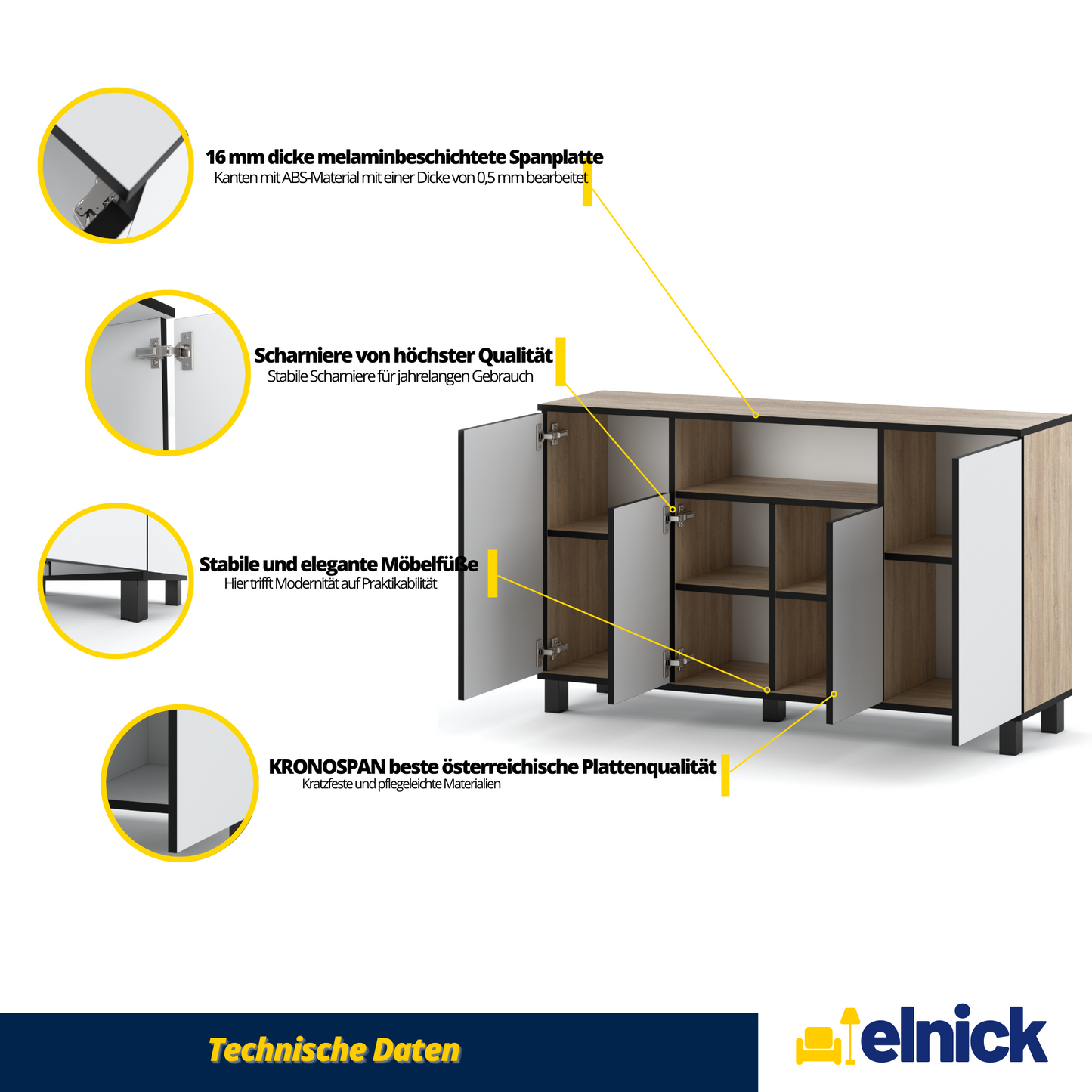 CALVIN – TV-Schrank mit 4 Türen – Wohnzimmer Sideboard - Sonoma Eiche / Weiß Matt