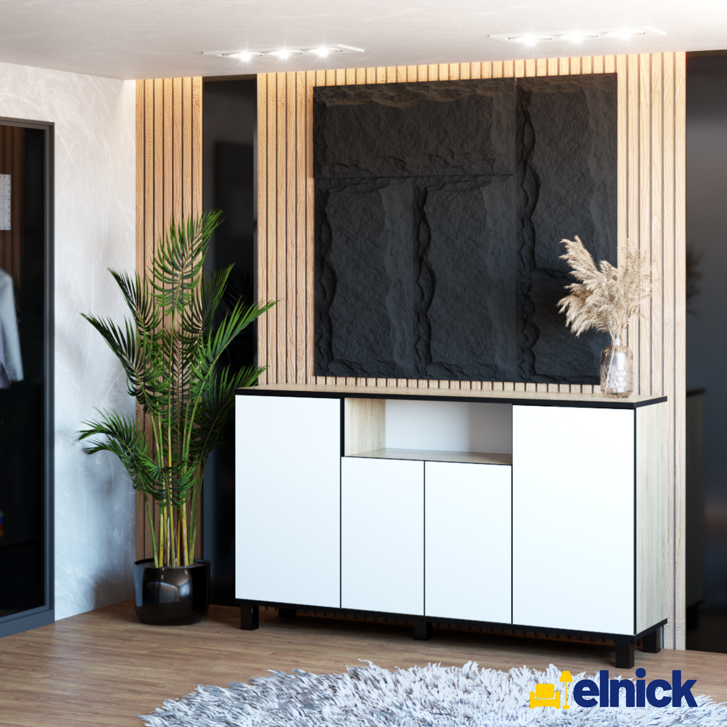 CALVIN – TV-Schrank mit 4 Türen – Wohnzimmer Sideboard - Sonoma Eiche / Weiß Matt
