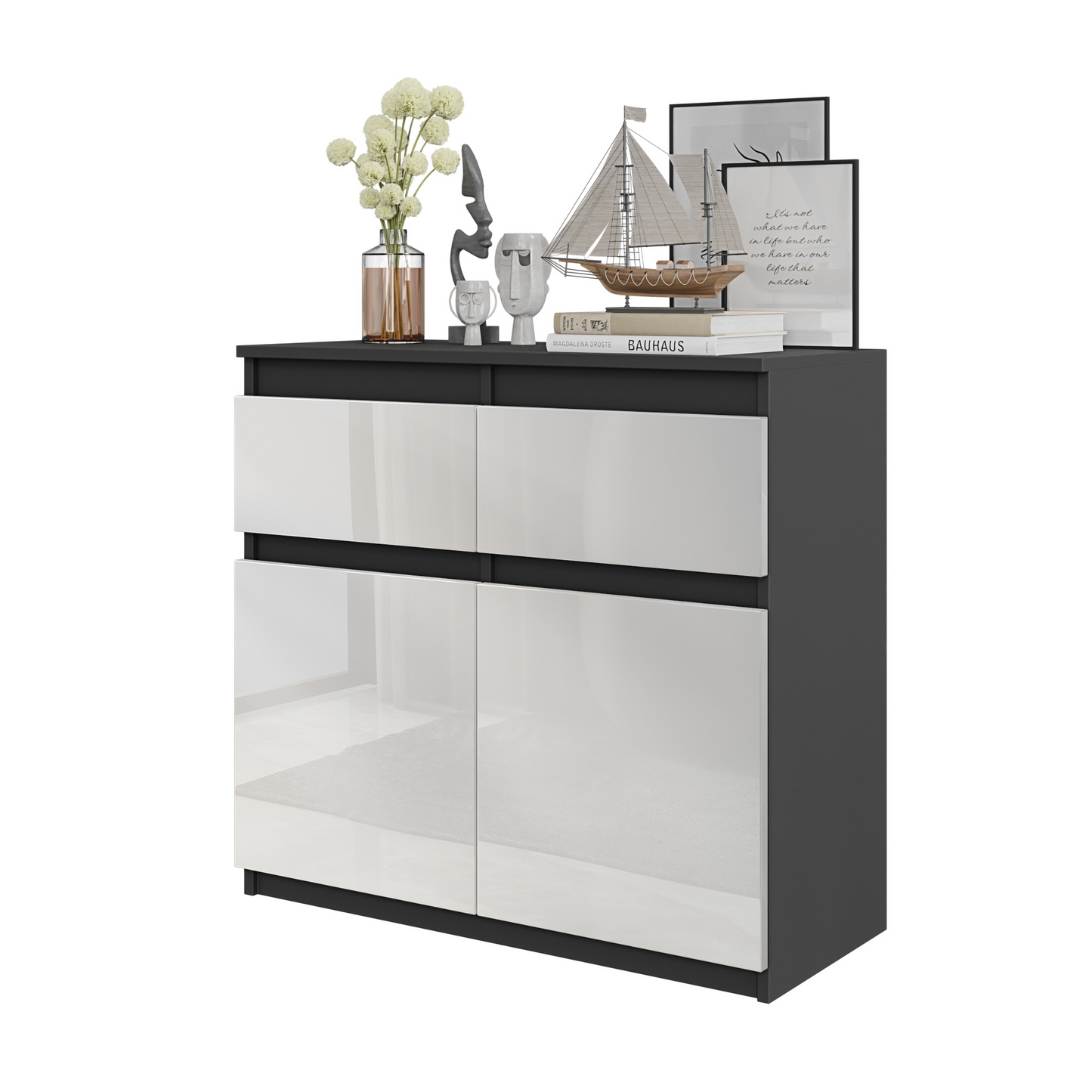 NOAH - Kommode / Sideboard mit 2 Schubladen und 2 Türen - Anthrazit Grau / Weiß Gloss
