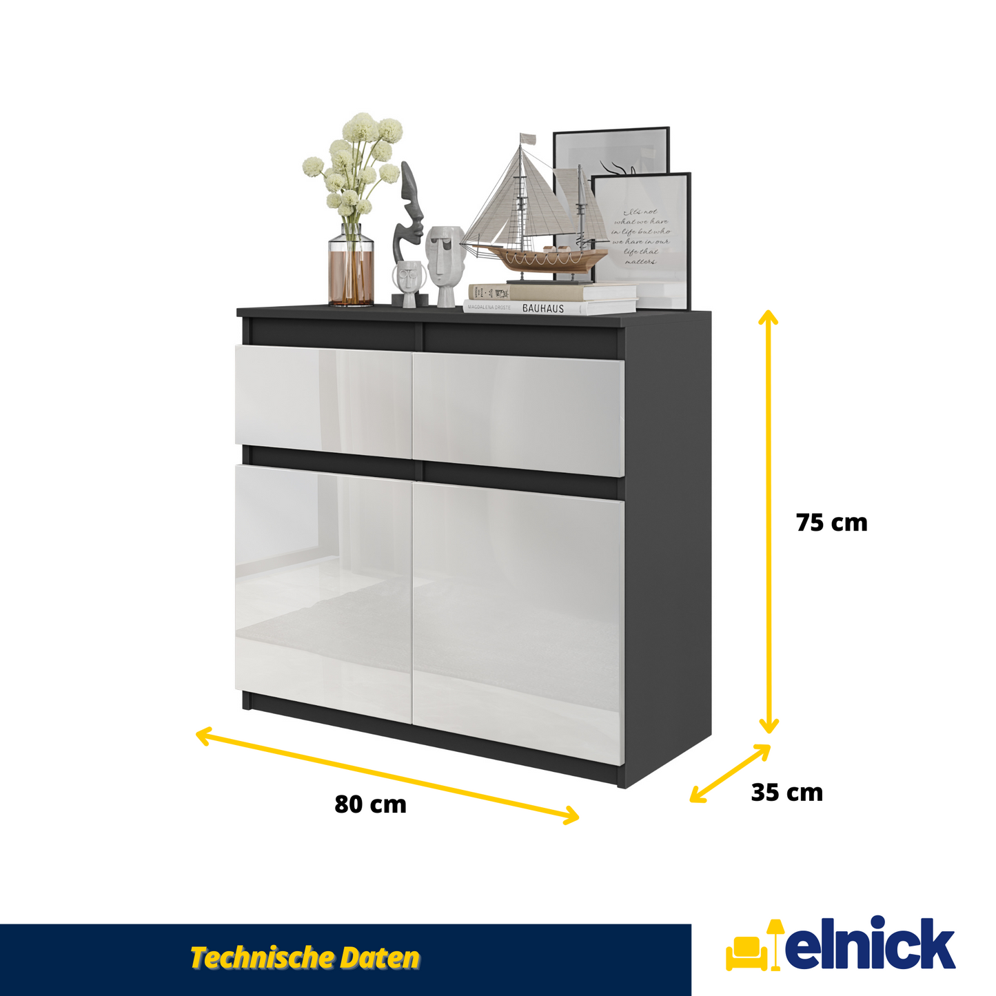 NOAH - Kommode / Sideboard mit 2 Schubladen und 2 Türen - Anthrazit Grau / Weiß Gloss