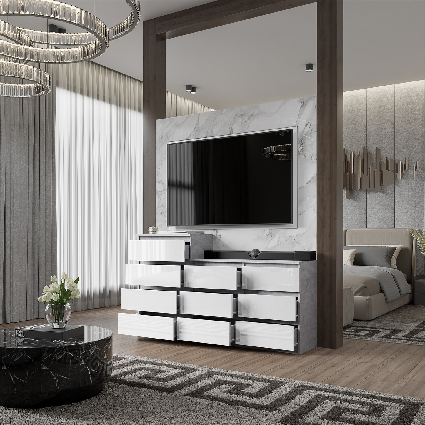 GABRIEL - Kommode / Sideboard mit 10 Schubladen (6+4) - Beton-Optik / Weiß Gloss